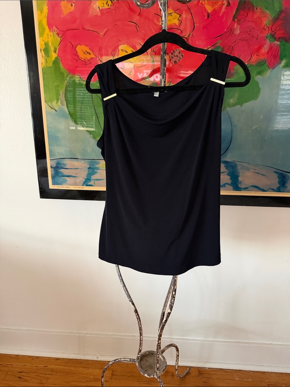 Calvin Klein Black Sleeveless Cowl Neck Tank with Gold Accent